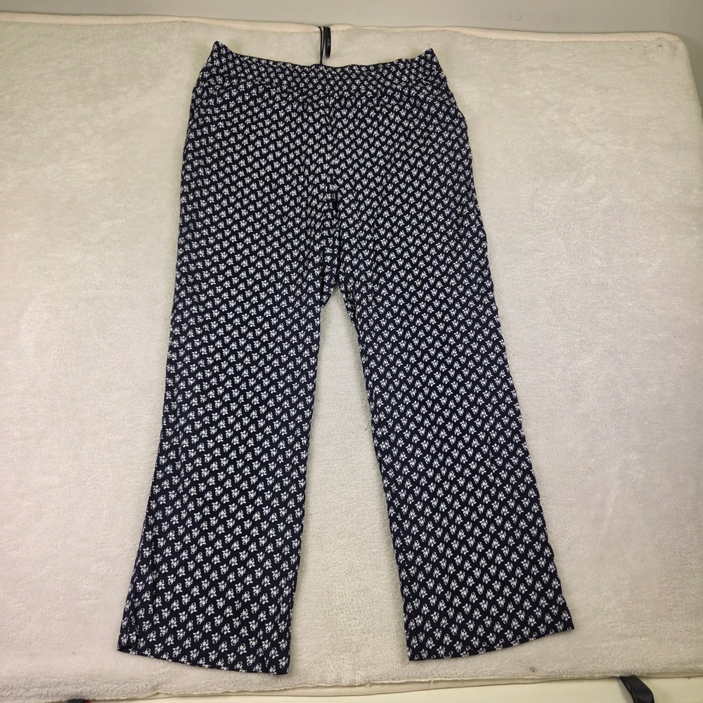 Croft & Barrow Womens XL Navy Blue White Floral Rayon Wide Leg Pull On Pants